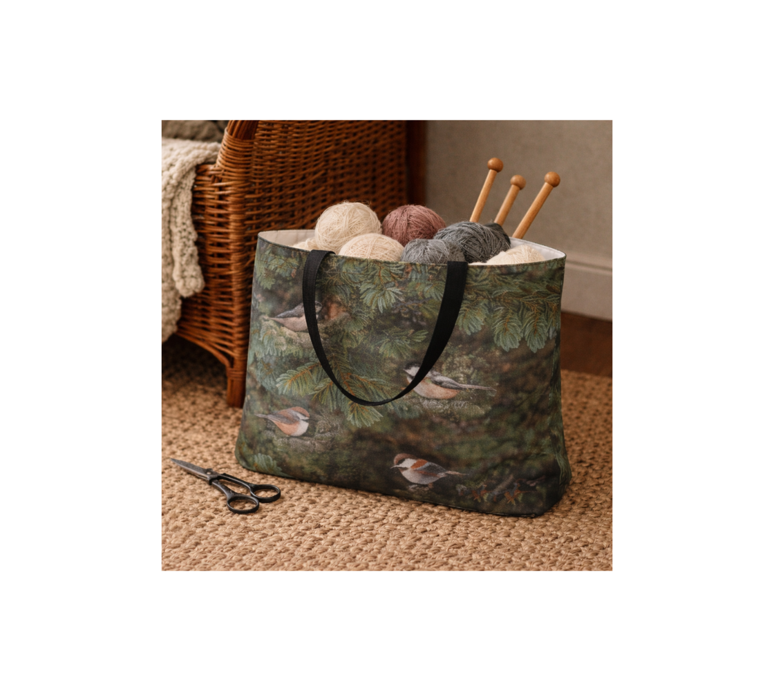 A large reusable tote bag with with a  collage of four different chickadees design with a green background, containing yarn and knitting needles.