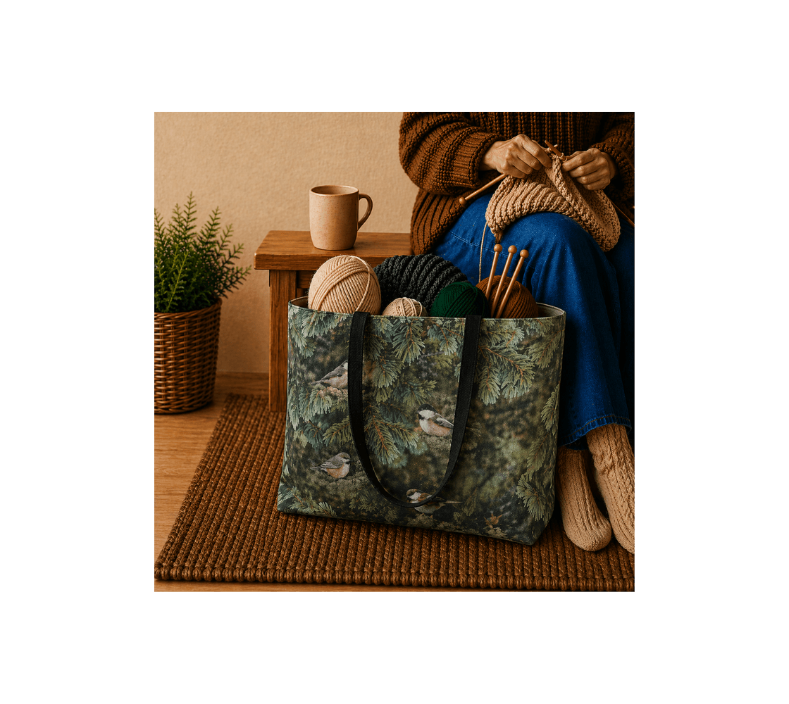 A woman setting with a large reusable tote bag from our wildlife photography with wool inside it.