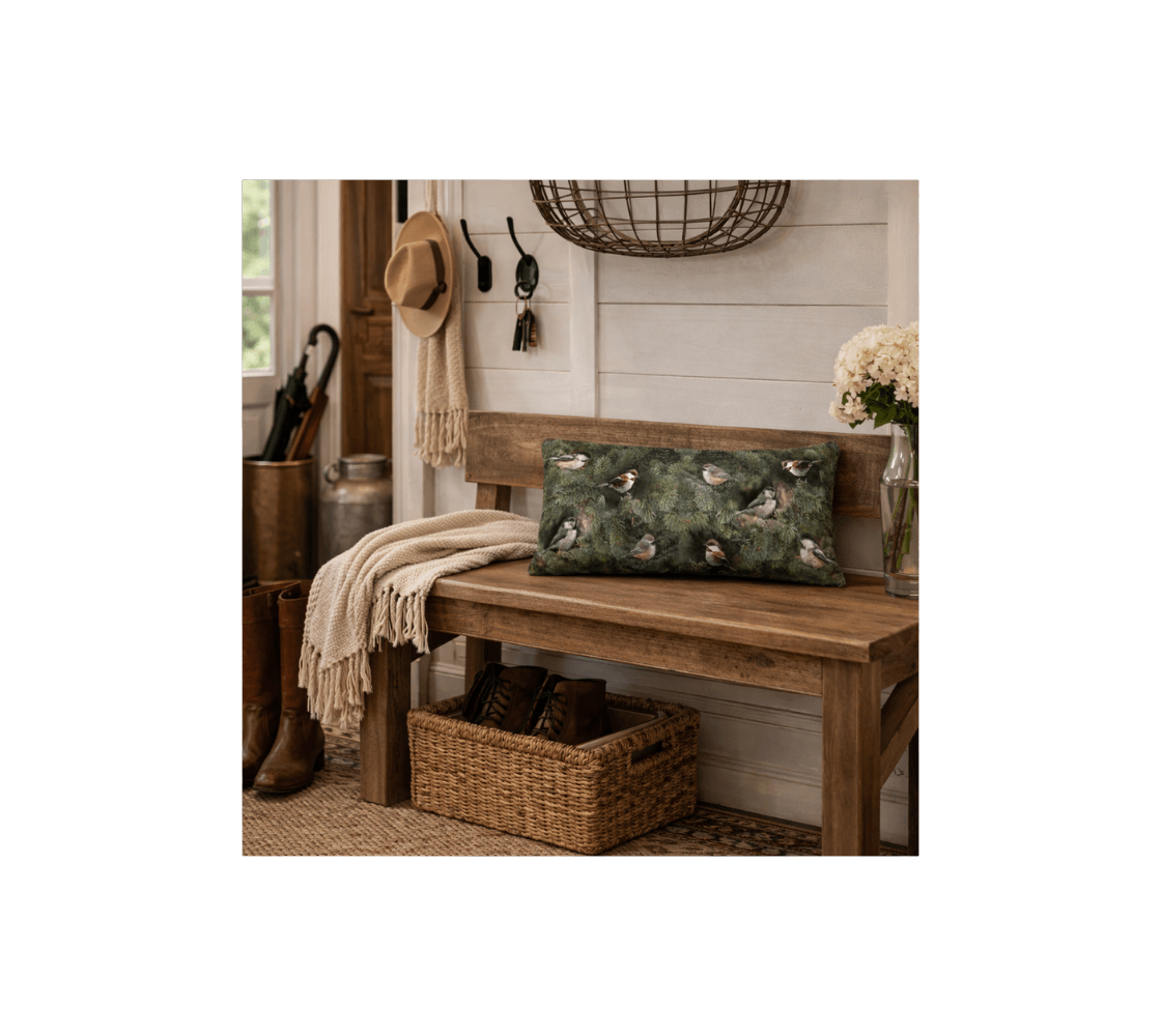 A rustic interior with a chickadee decorative long throw pillow from our wildlife photography on a wooden bench.