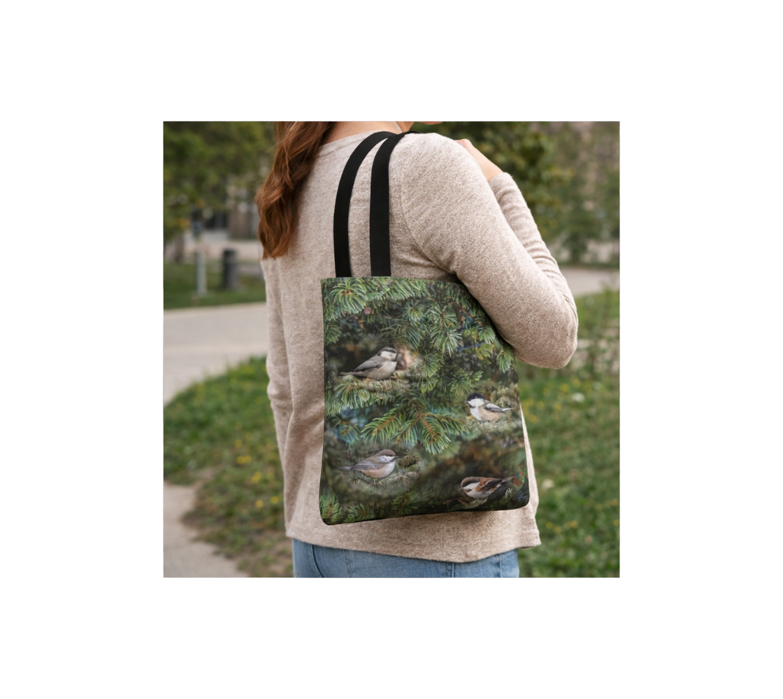 A woman carrying a small reusable tote bag with a collage of four different chickadees design with a green background in the outdoors.