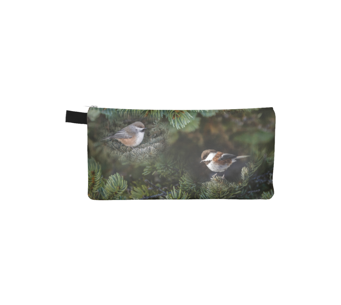 This is an image of a zippered pouch with green tree boughs in the background with two different chickadees of Western Canada in their colorful black, brown, white, rust and grey tones.