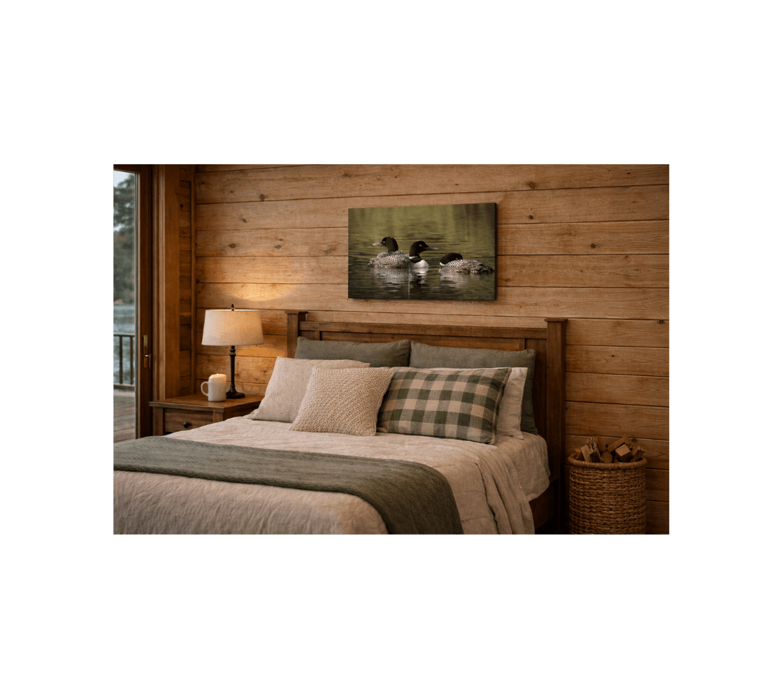 A rustic bedroom with a canvas print of loons from our real nature photography hanging above a bed.