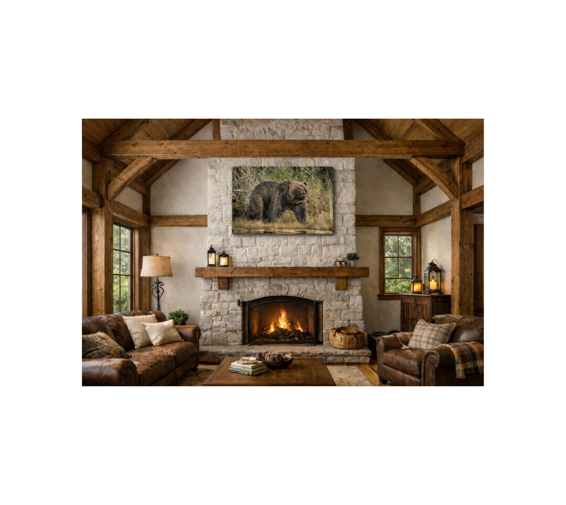 Fireplace with a canvas print of grizzly bear.