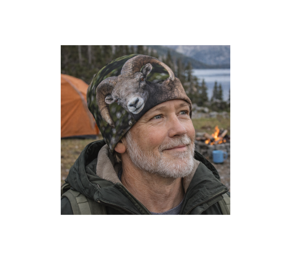 A man camping wearing a beanie with an image of big horn ram. 
