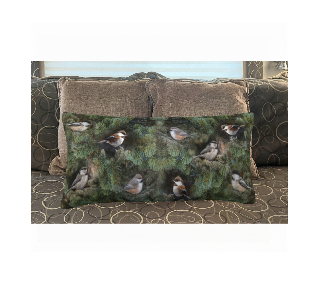 "A Birder's Quest"  12" x 24" Long Cushion Cover Four Different Chickadees