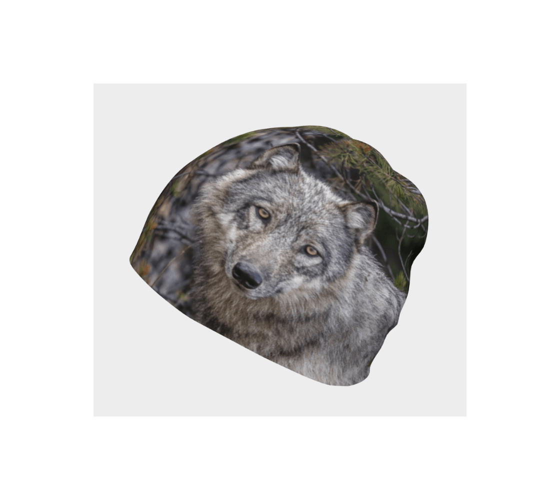 A gray wolf bamboo-lined beanie from our wildlife photography.