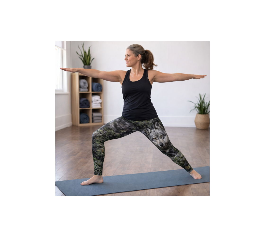 A woman in a studio doing yoga wearing classic leggings with a image of wolf on them.