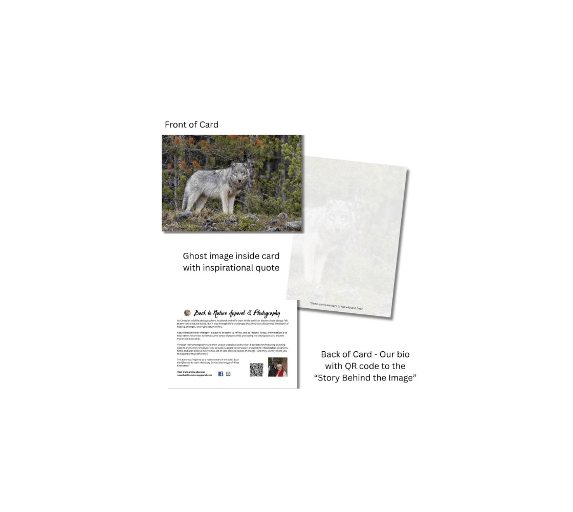 Gray wolf on the front with ghost image of a wolf on the inside from our real wildlife photography.