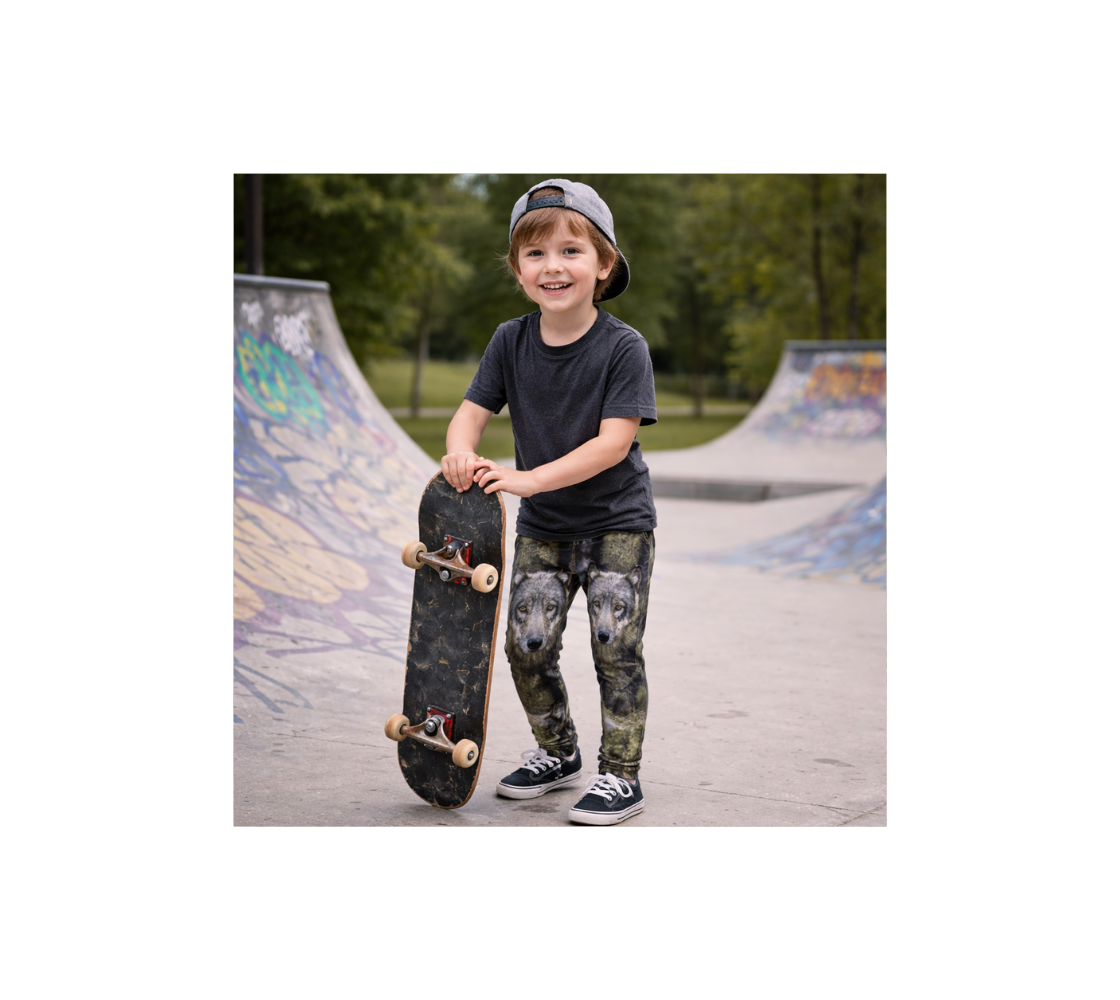 Young boy holding a skateboard at a skate park wearing a pair of leggings with a image of a wolf. 