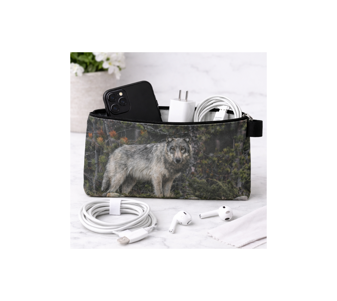 A zippered pouch with our photograph of a gray wolf design with a green background containing electronic accessories on a white surface.