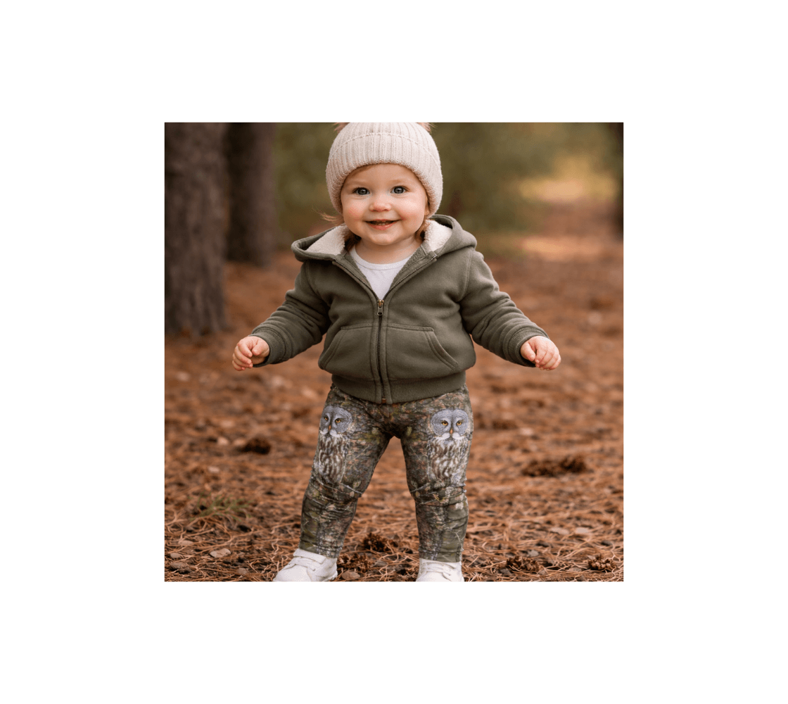 A baby in the forest wearing pair of  great gray owl baby leggings from our real wildlife photography standing on a path. 