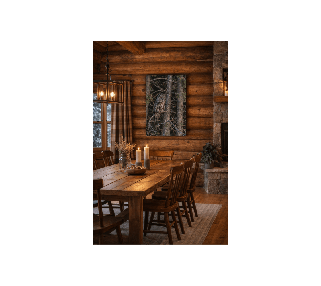 A dinning room with a portrait canvas print of a great gray owl from our real wildlife photography hanging on a log wall.