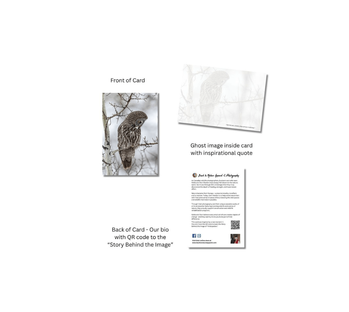 Great gray owl on the front with ghost image of a owl on the inside from our real wildlife photography.