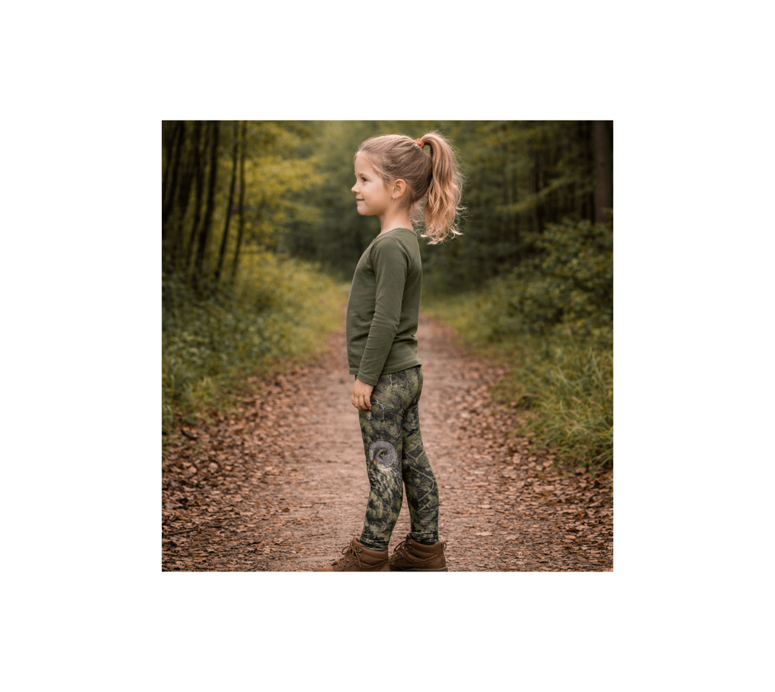 A young girl standing wearing pair of great gray owl youth leggings from our real wildlife photography on a forest path.