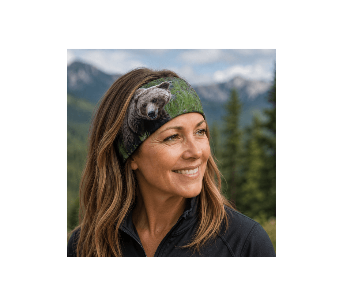 A woman outdoors wearing a grizzly bear head and neck buff  from our real wildlife photography.