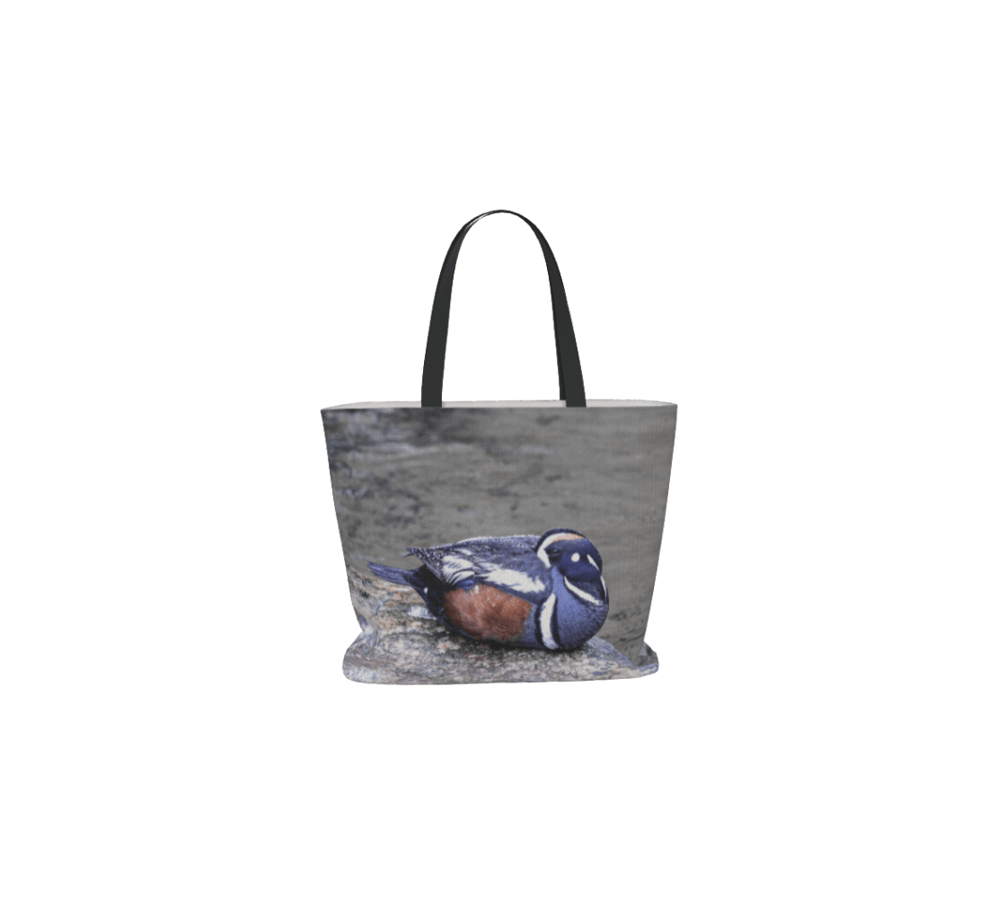A male harlequin duck large reusable tote bag from our real wildlife photography. 