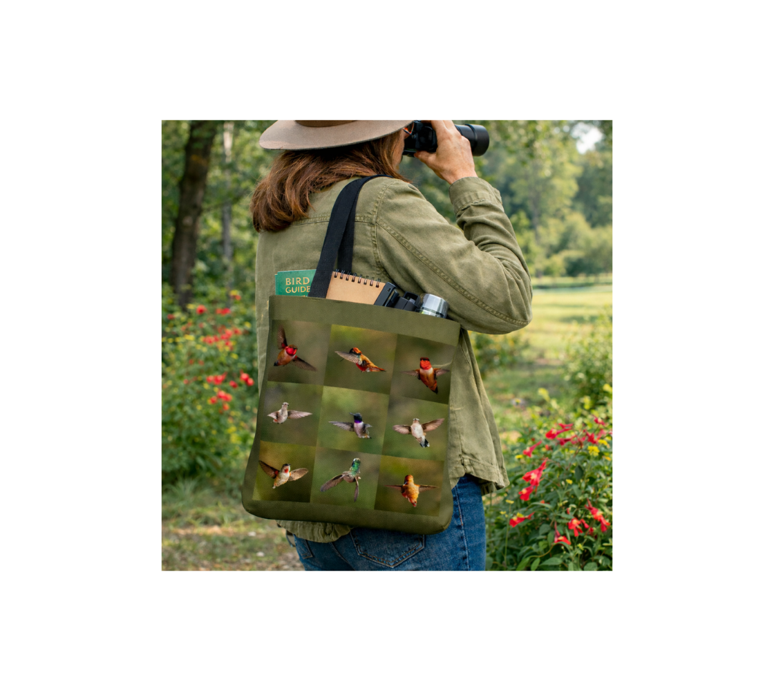 A woman carrying a hummingbird medium reusable tote bag from our real wildlife photography with note pad and water bottle inside it standing in a  flowers garden.