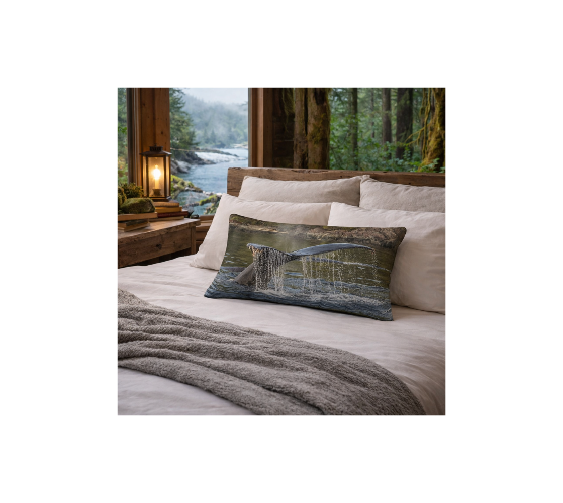 Decorative long throw pillow cover with an image of humpback whale Tail design with a ocean background on a bad.