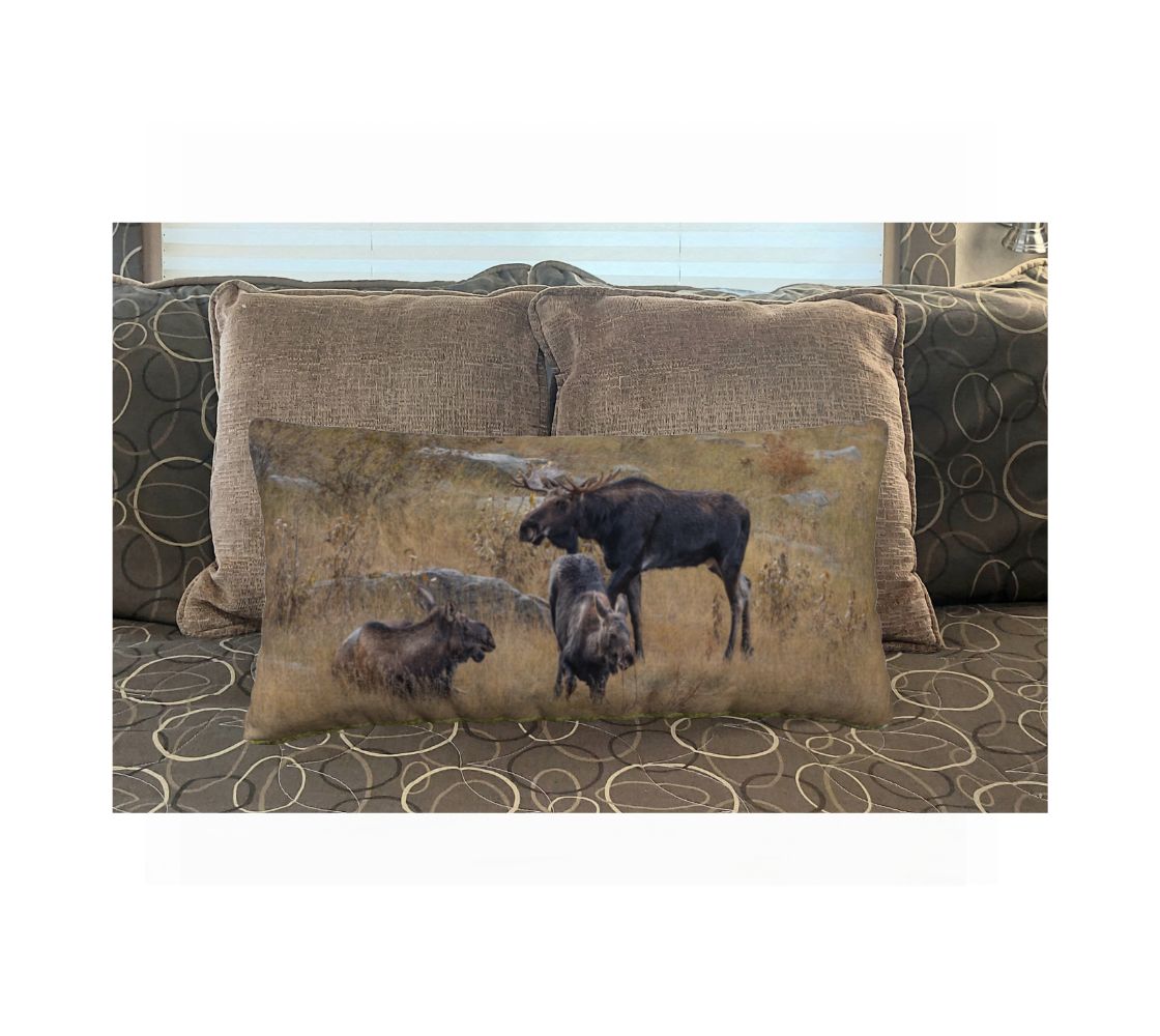 Decorative pillow with moose design on a bed.