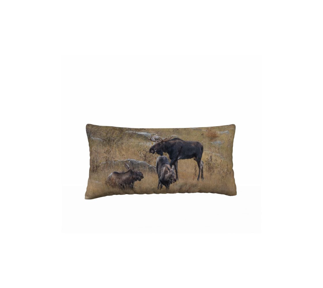 Decorative pillow with moose illustration on a plain background