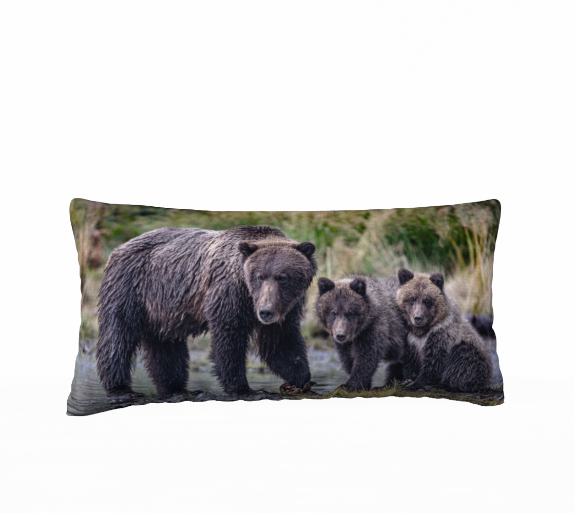 This 12 x 24 inch plush velveteen cushion cover is a photo of a dark brown grizzly mama and her 2 cubs watching us. The cushion cover background is tall green and yellow grass with the blue river's edge that the bear family is standing in.