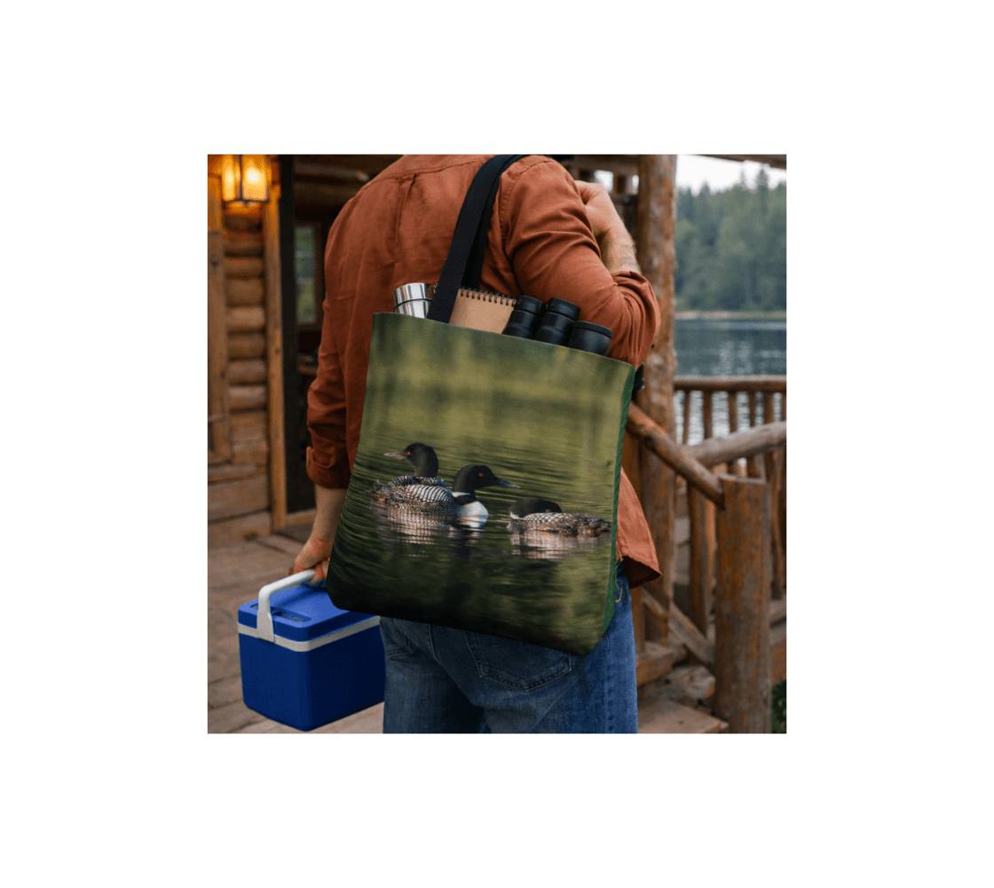 A man carrying a loons medium reusable tote bag from our real wildlife photography with a thermos and binoculars inside it.