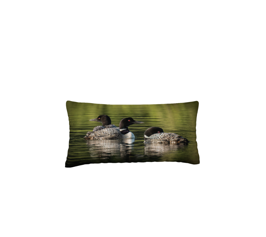 Decorative cushion cover with loons on water design on a white backgrounder.