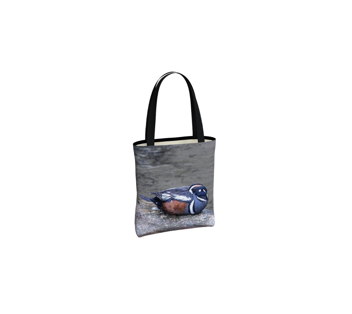A male harlequin duck medium reusable tote bag from our real wildlife photography. 
