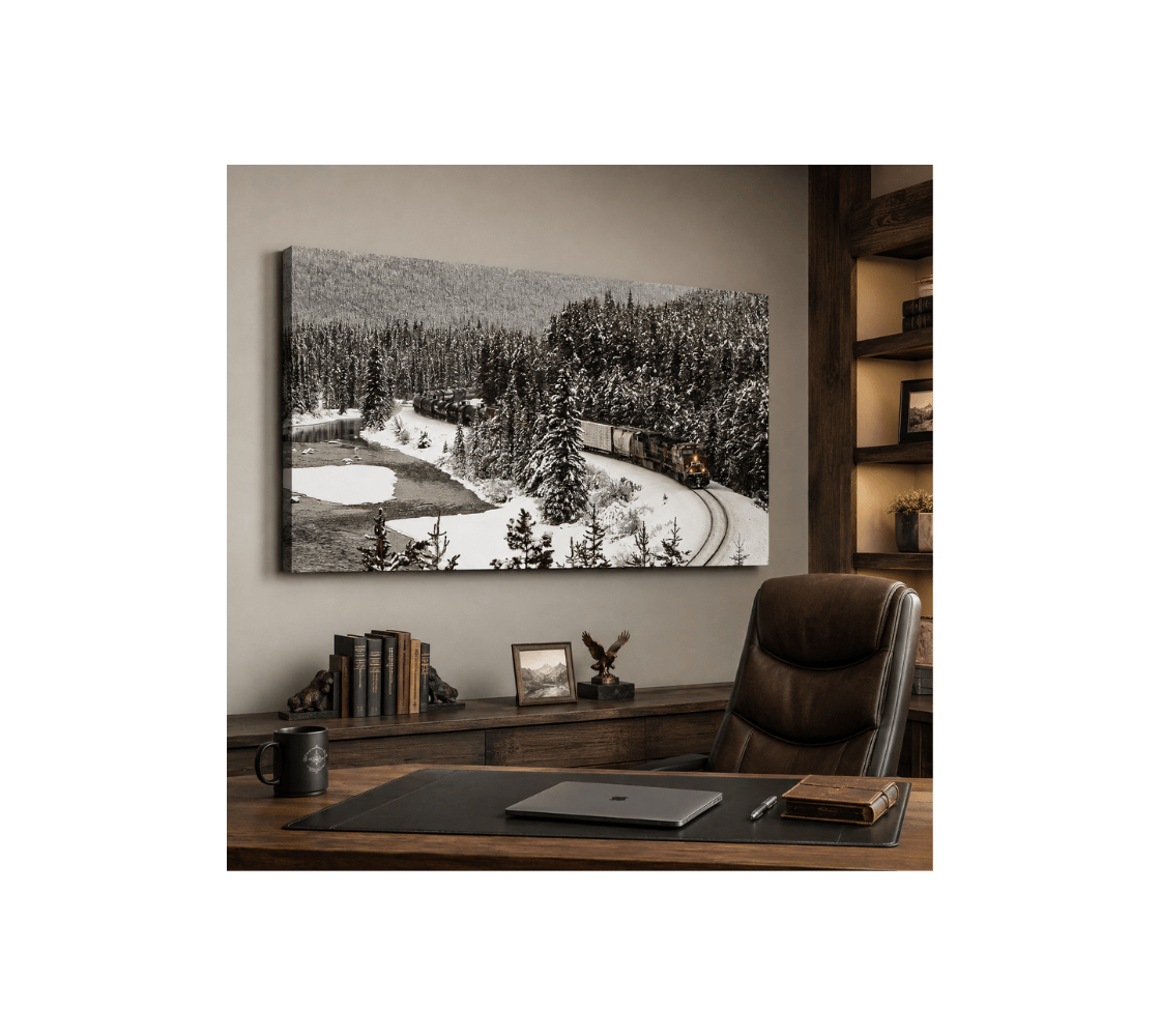 A canvas print of a train at Morant's Curve from our real nature photography on wall in a Office.