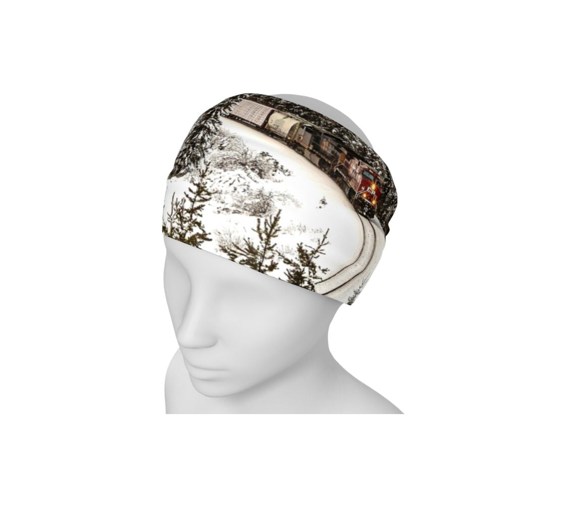 A Morant's Curve train head and neck buff from our real nature photography on a mannequin head as a head band. 