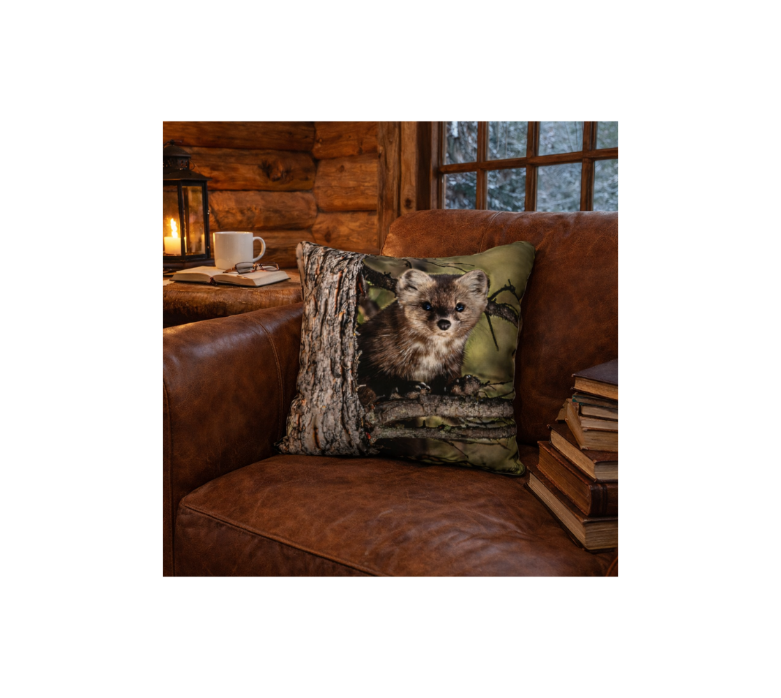 A  throw pillow cover with an image of a pine matin design with a green background on a brown leather couch in a cozy room.