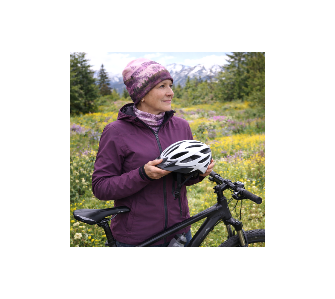A woman with a bicycle helmet in her hand, wearing a bamboo-lined beanie with an image pink mountain scene design..