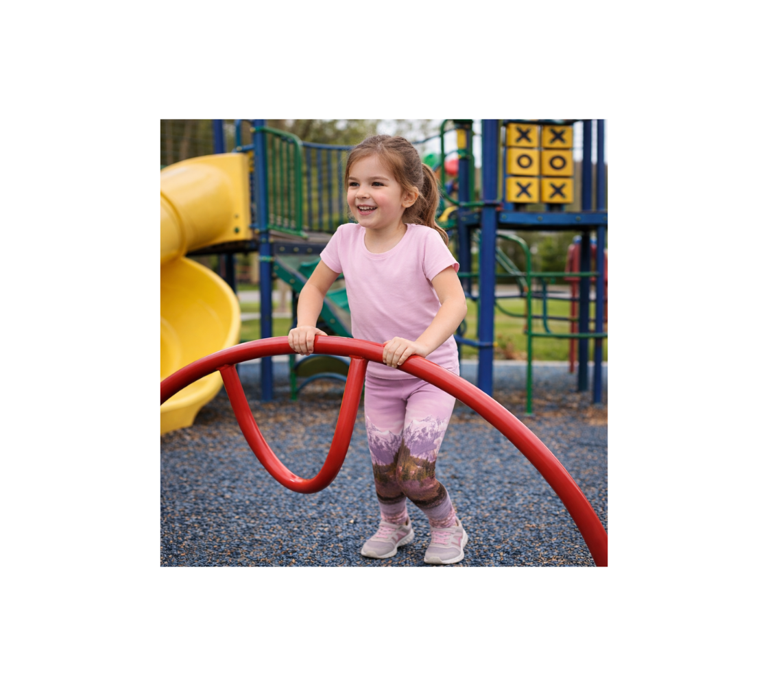 Youth playing on a playground with a pair of leggings with image of pink mountain scenery.