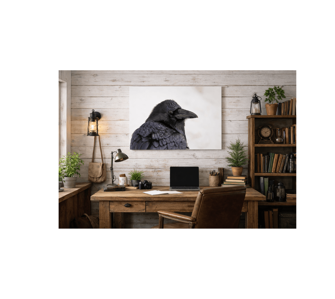 A home office with a canvas print of a  raven from our real wildlife photography hanging on white wooden wall above the desk.