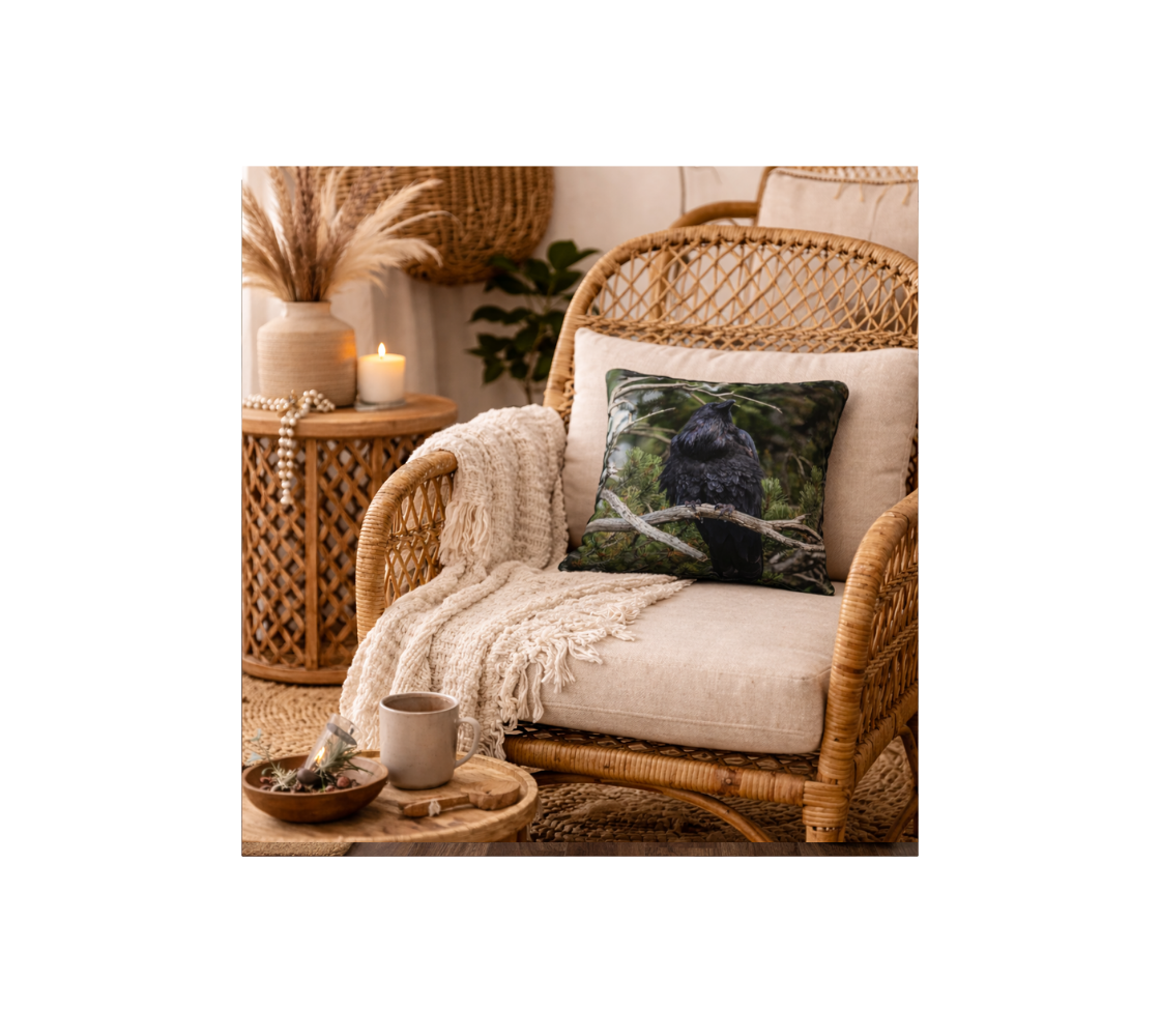 Wicker chair with a throw pillow cover with an image raven design with a green background in a cozy living room setting.