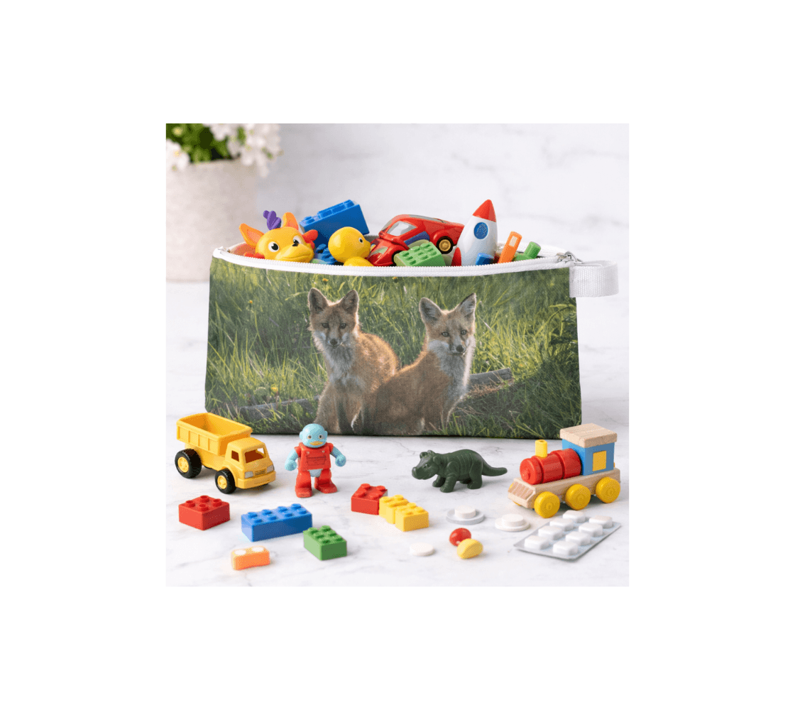 A red fox kits zippered pouch from our real wildlife photography with toys inside it.