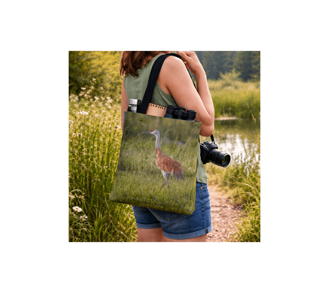 A woman carrying a sandhill crane  medium reusable tote bag from our real wildlife photography with a book and thermos in side it standing by a wetland.