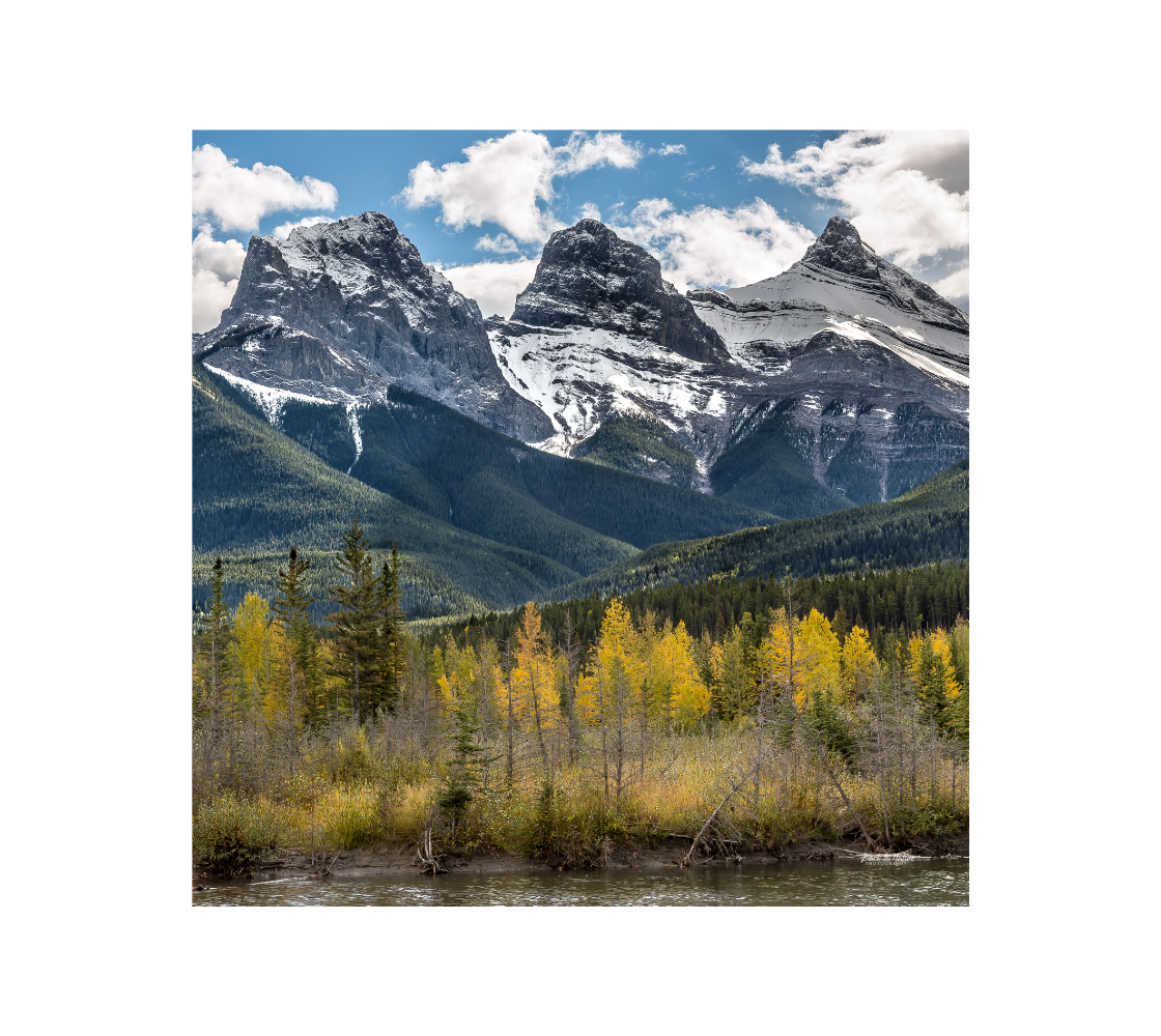 The three sisters mountains scene with snow cover mountain peaks and trees in  autumn colors.