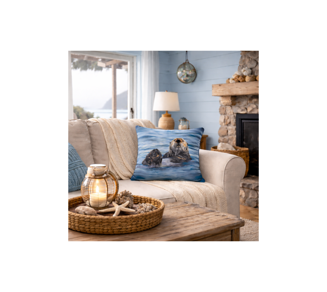 Cozy living room with a beige sofa and a throw pillow cover with an image of a sea otter design with a blue background.