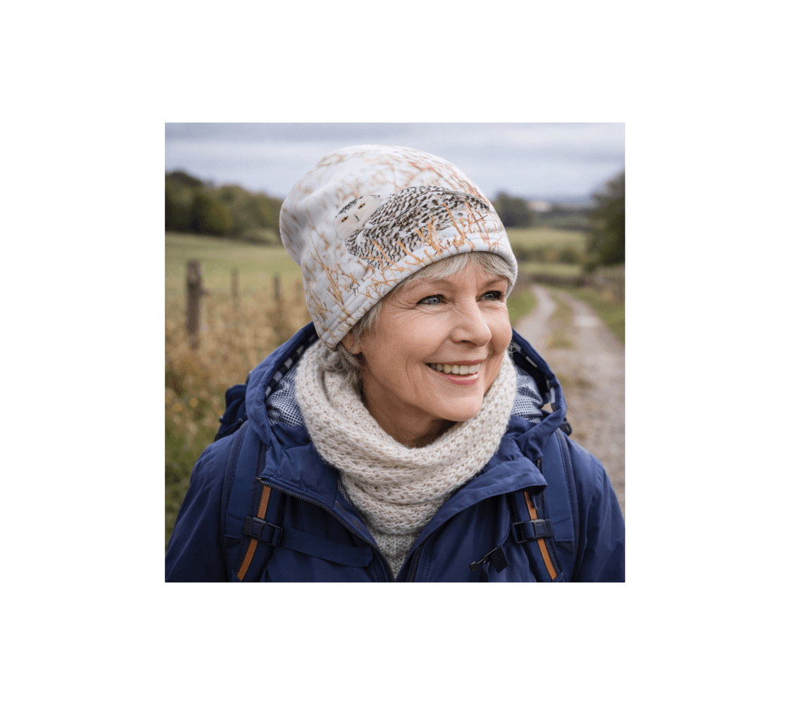 A woman wearing a snowy owl bamboo-lined beanie from our real wildlife photography walking on gravel pathway.