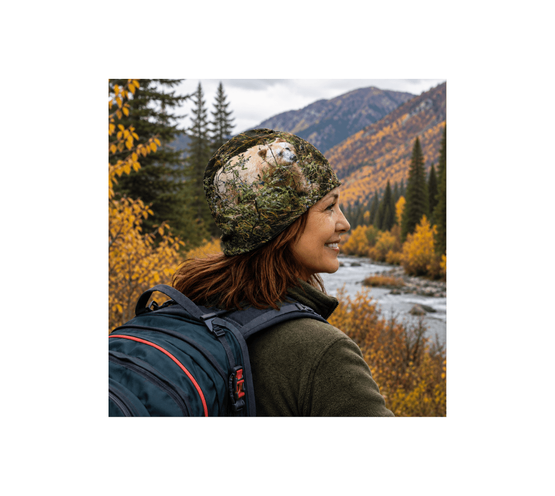 A woman outdoors in a mountain wearing a spirit bear bamboo-lined beanie from our real wildlife photography. 