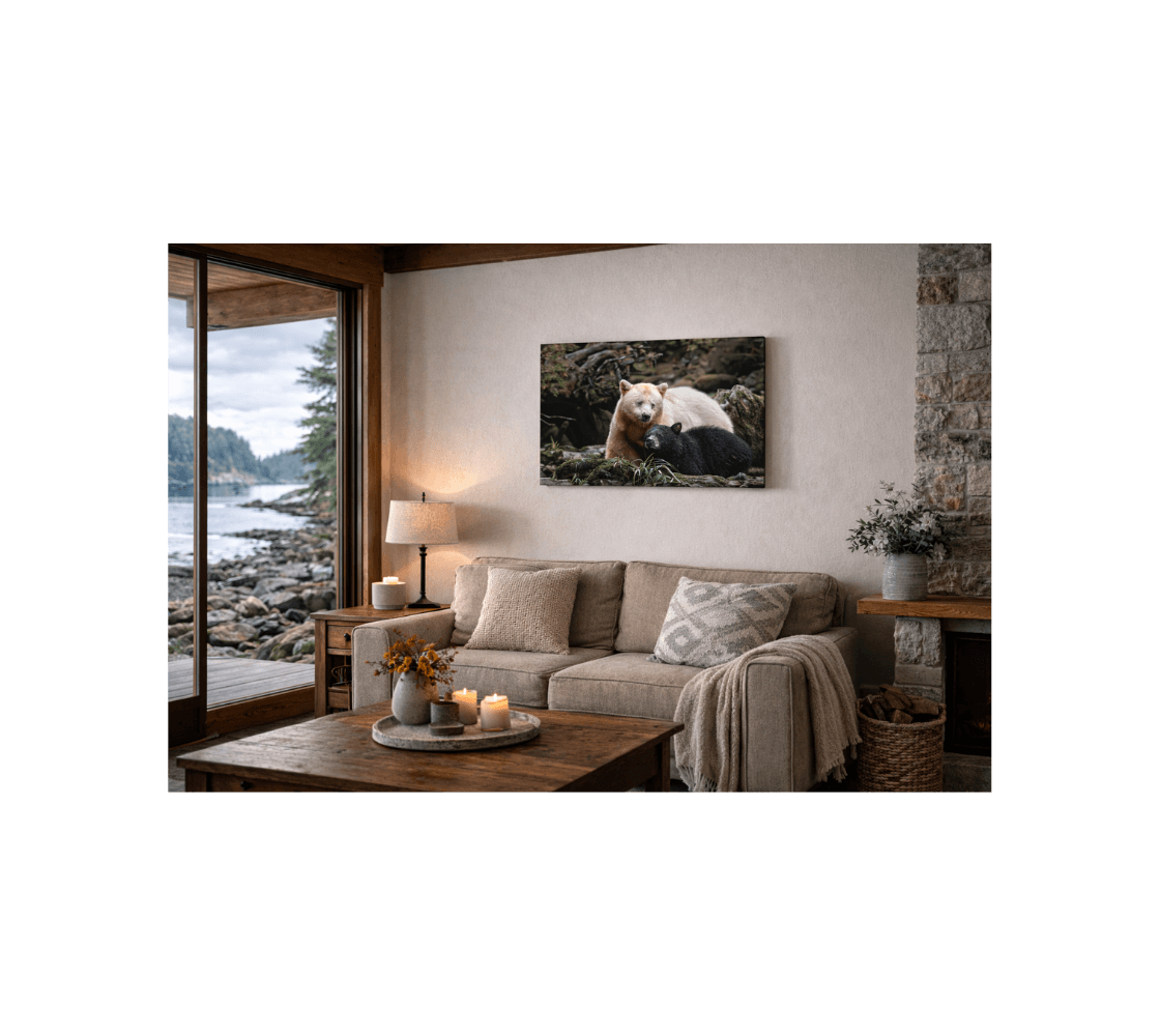 A living room with a canvas print of a spirit bear and her black cub from our wildlife photography hanging on a wall.