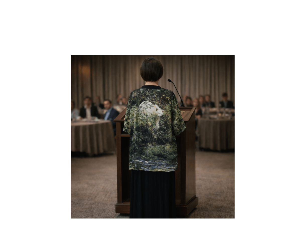 A woman standing wearing a spirit bear kimono cover up from our original wildlife photography giving a speech from a podium.