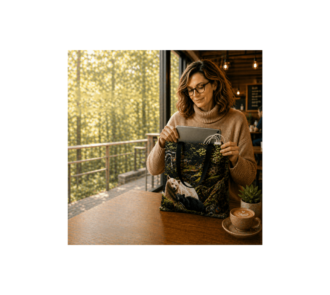 A woman holding a medium reusable tote bag from our real wildlife photography in a cafe.