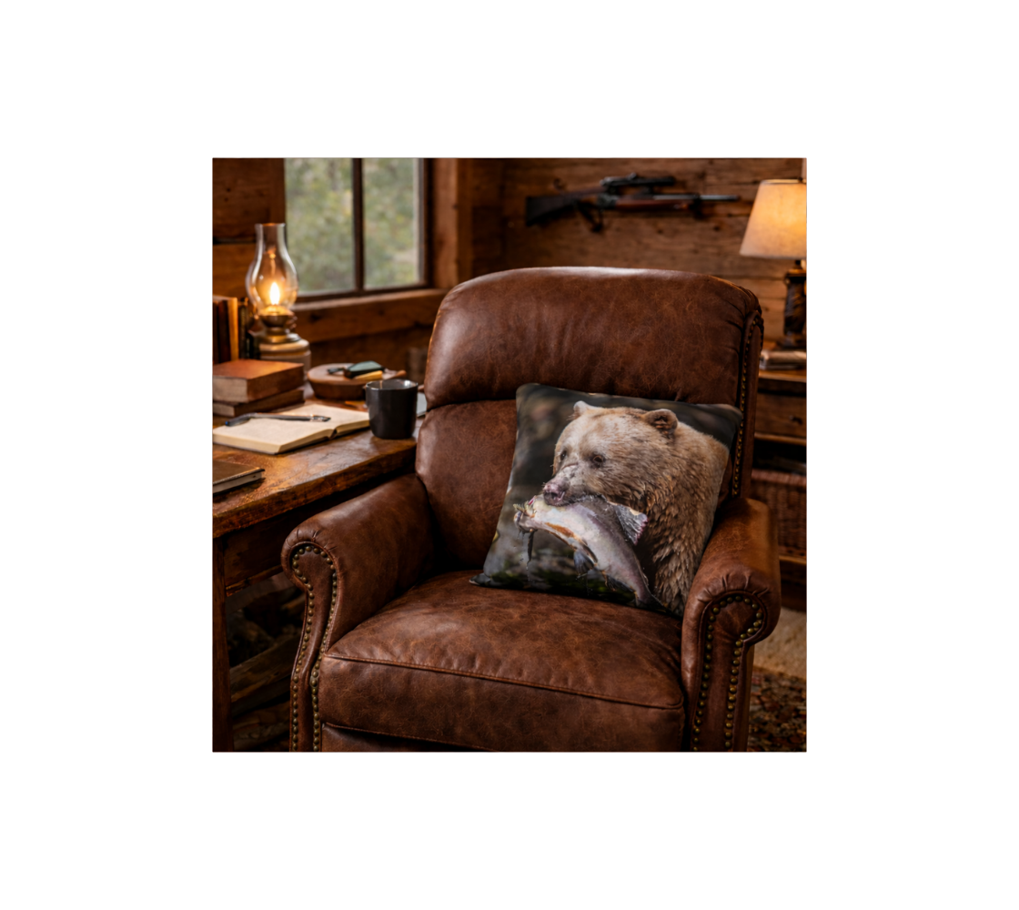 A rustic living room with a spirit bear decorative throw pillow cover from our wildlife photography on a brown leather armchair.