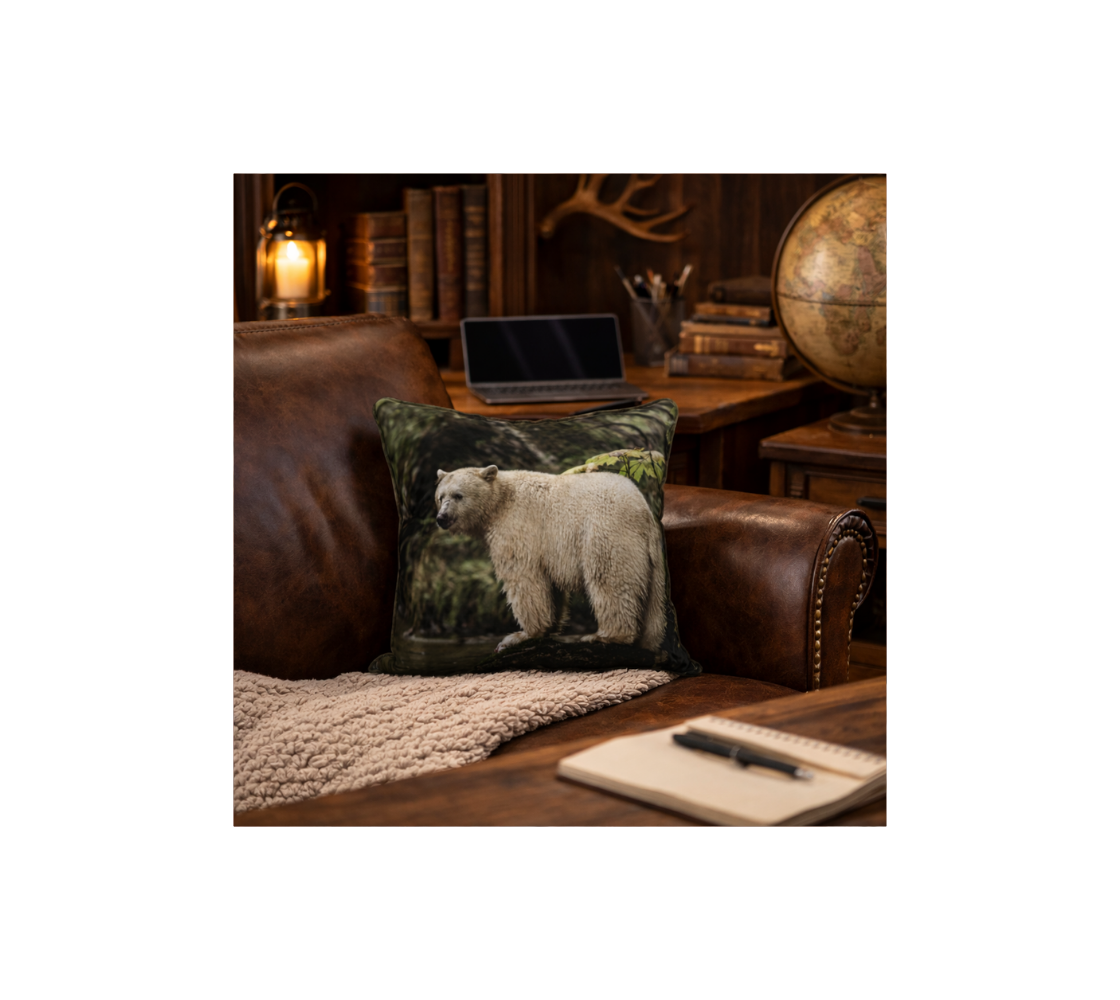 A living room with a spirit bear decorative throw pillow cover from our wildlife photography on a brown leather couch.