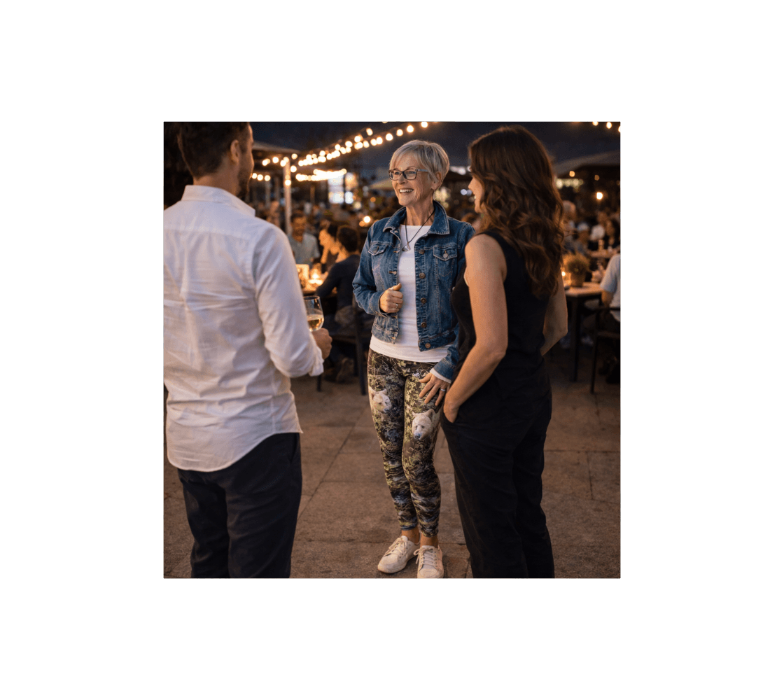 A women standing wearing a pair of spirit bear yoga leggings from our wildlife photography with a woman and a man in nightclub setting.