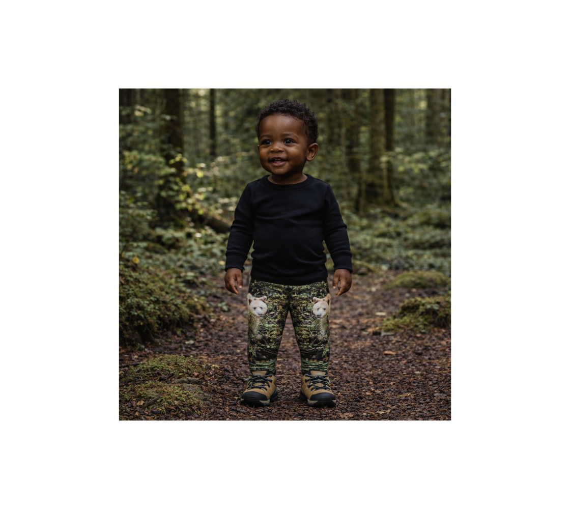 Baby wearing a pair of leggings with image of a spirit bear and black shirt standing in a forest.