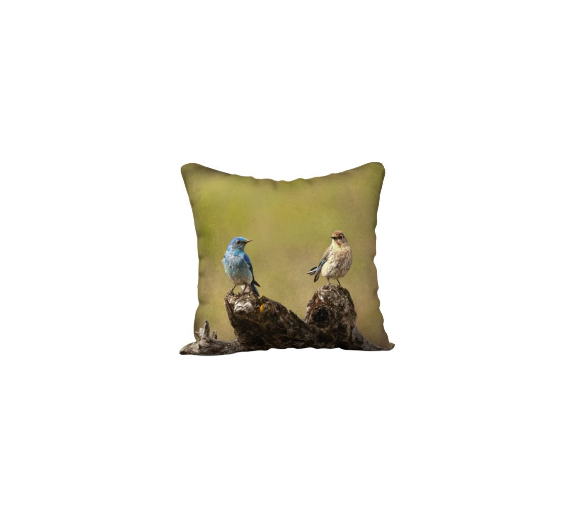 This is an image of 2 bluebirds on a 18" square cushion. The male bluebird is a bright blue, while the female is mostly white with some blue, The background is a mottled green.