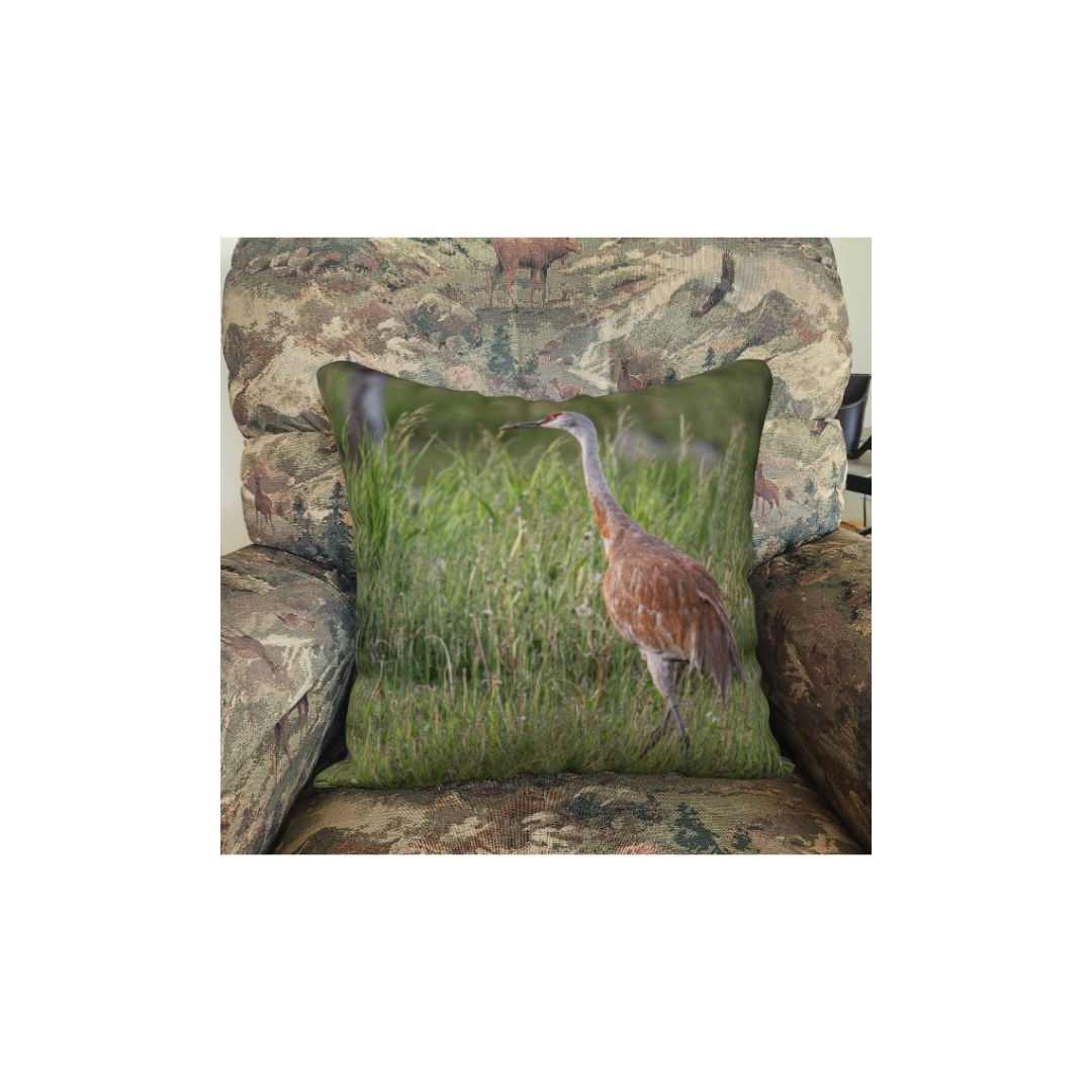 This is an image of a 18" square cushion cover of a Sandhill Crane in a rocking chair. The crane's body is a reddish brown, with long grey legs and neck with a red crown. The background is tall green grass.